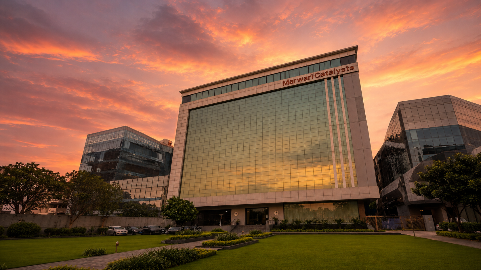 Marwari Catalysts building at sunset