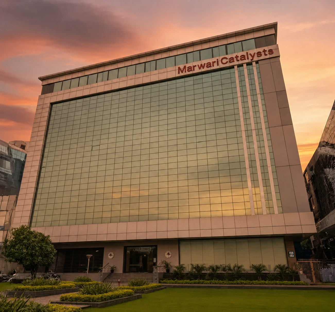 Marwari Catalysts building at sunset