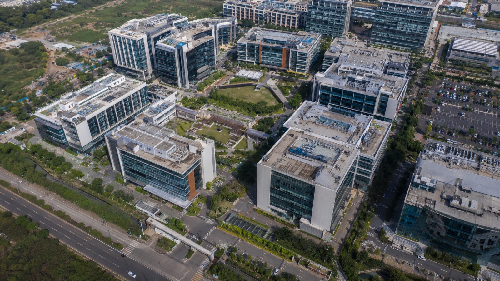 Business district infrastructure aerial view